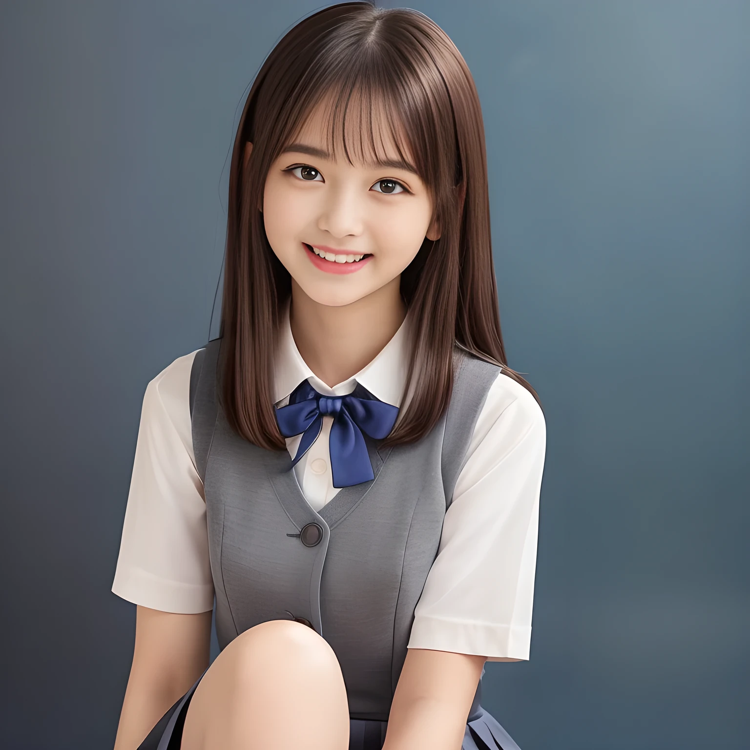 (Highest quality, masterpiece:1.2), Highest quality, High resolution, 1080P, 8k, height: 158cm, (A yo Japanese fashion model is seated, showing her palms, looking at the viewer, showing her cutest smile, very white face, using face-whitening cosmetics, prominent cool eyes, opened laughing giggling most open mouth, gray-gray-blue school summer uniform with gray-gray-blue vest and widely-boxed-pleats-short-skirt and silk blouse and red breast ribbon pulled by her hands, well-straitened super-super-long well-trimmed long hair: 1.5), (white thighs and knees: 1.7), (Well-balanced, prominent, Intelligent, drooping, double-eyelids, brown shiny large prominent eyes with detailed: 1.5), (gray-gray-blue school uniform with gray-gray-blue vest and boxed-pleats-skirt, short-sleeves silk blouse, glossy red breast ribbon: 1.5), ((Beautiful well-figured glossy opened lips like fortissimo soprano singer: 1.2)), (mature breast), (Girl whom everyone loves because of her beauty and beautiful eyes and lovely fashion and noble manner), (Very beautiful, glossy, cute neat black hair, straight well-done hair-style: 1.3), (Drives me crazy for her glossy neat hair and Make me fall into love), (plain blue background: 1.6), (Best style like a 13 fashion model, mature breast), (((Completely balanced beautiful big big eyes, looking at me))), (eyes, face and hair are especially beautifully detailed and beautifully drawn: 1.5), (Satisfactory best shot by professional famous photographer for school girl's beauty: 1.5), (The soft white light clearly shows her face extremely white: 1.2), (Very soft laughing cheeks, very soft hands pulling the breast ribbon down, People who touch it feel eternal pleasure: 1.2), (13yo too much beautiful fashion magazine model: 1.8)