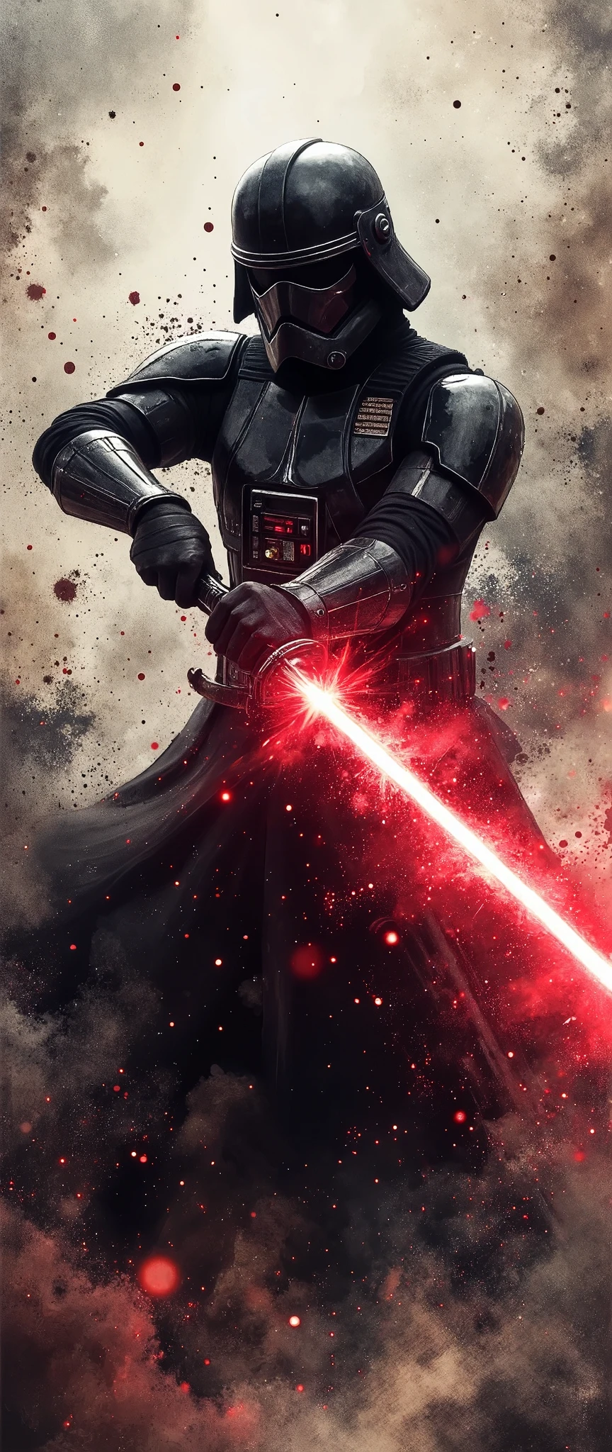 (masterpiece:1.2,exceptional quality,Mirror finish,  cinematic experience  ,  best illustration ,Super detailed),8k,wallpaper,(Watercolor),(Sword:2.0),( Star Wars:2.0),( armor designed to look like samurai armor :2.0),(Captain Phasma in black :2.0),(Slash:2.0),(Swordの軌跡を赤いレーザー線で表現する:2.0),( dynamic :2.0)