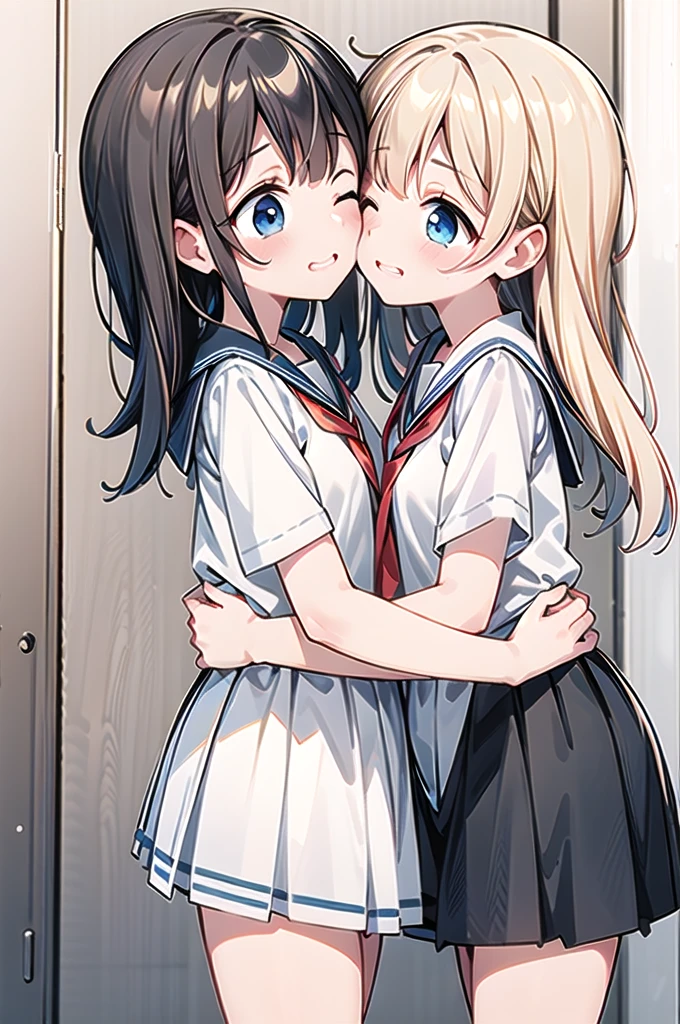 masterpiece, ULTRA DELICATE AND BEAUTIFUL ,Best Quality,2girls, sailor suit leaning against wall, navy pleated skirt,smile,, side view,Girl pinned to wall ,,{{kissu, close your eyes 