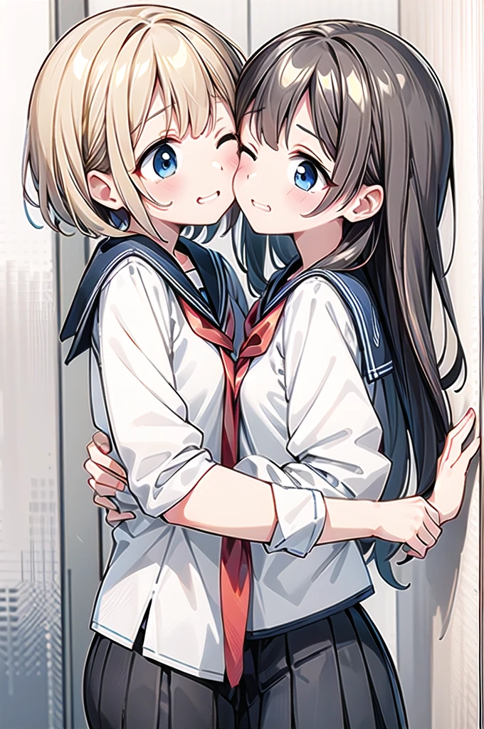 masterpiece, ULTRA DELICATE AND BEAUTIFUL ,Best Quality,2girls, sailor suit leaning against wall, navy pleated skirt,smile,, side view,Girl pinned to wall ,,{{kissu, close your eyes 