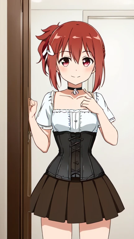 1 girl, solo, (Yuuki Yuna), Yuuki Yuna wa Yuusha de Aru, Yuusha de Aru, red hair, red eyes, short ponytail, hair ornament, ribbon, hair between eyes, side ponytail, closed mouth,
BREAK, ((corset top:1.3),choker,mini skirt,thighs:1.1),
BREAK, standing,
BREAK, (blush:1), smile,
BREAK, (from front:1.1), (cowboy shot:1.1)
BREAK, indoor, bedroom, house, bed,
BREAK, (best quality, masterpiece, detailed:1.3), HD, anime colored, (beautiful detailed eyes, extremely detailed face:1.2), perfect lighting, extremely detailed CG, (perfect hands, perfect anatomy), nsfw,