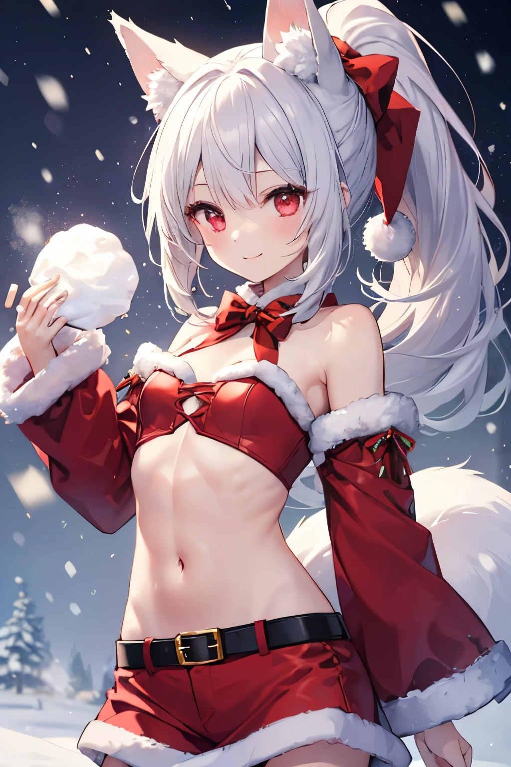 High quality, masterpiece, ultra-detailed, ribbon over naked body, 1girl, solo, peaceful expression, long white hair, enchanting eyes, fox ears, ridiculously large breasts, shiny skin, bedroom, christmas