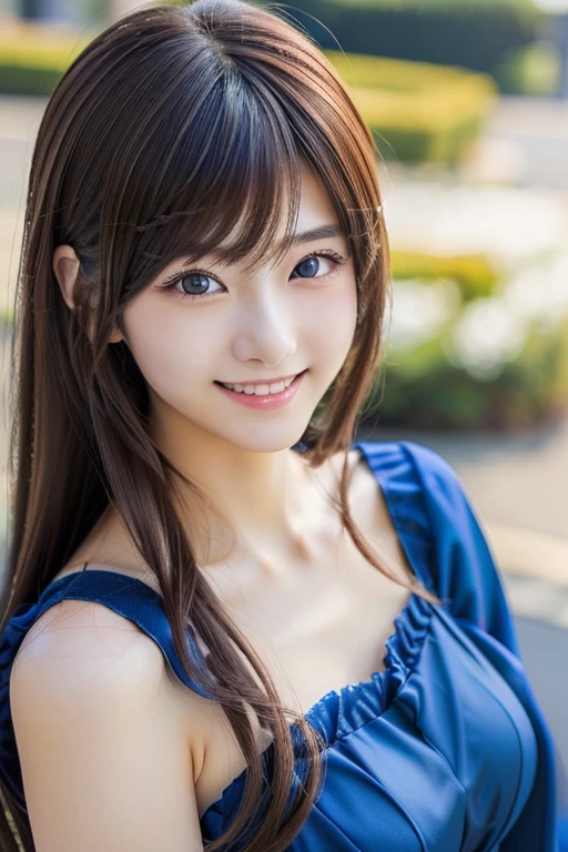 Photo-realistic quality、A Japanese model is standing wearing blue accented clothes,   cosplay, anime girl  cosplay,  cosplay photo, Anime Goddess,  Genshin Impact, elegant glamourous  cosplay,  プロフェッショナル  cosplay、 looking at camera、Detailed and beautiful eyes、Cute smile、 soft and gentle expression 