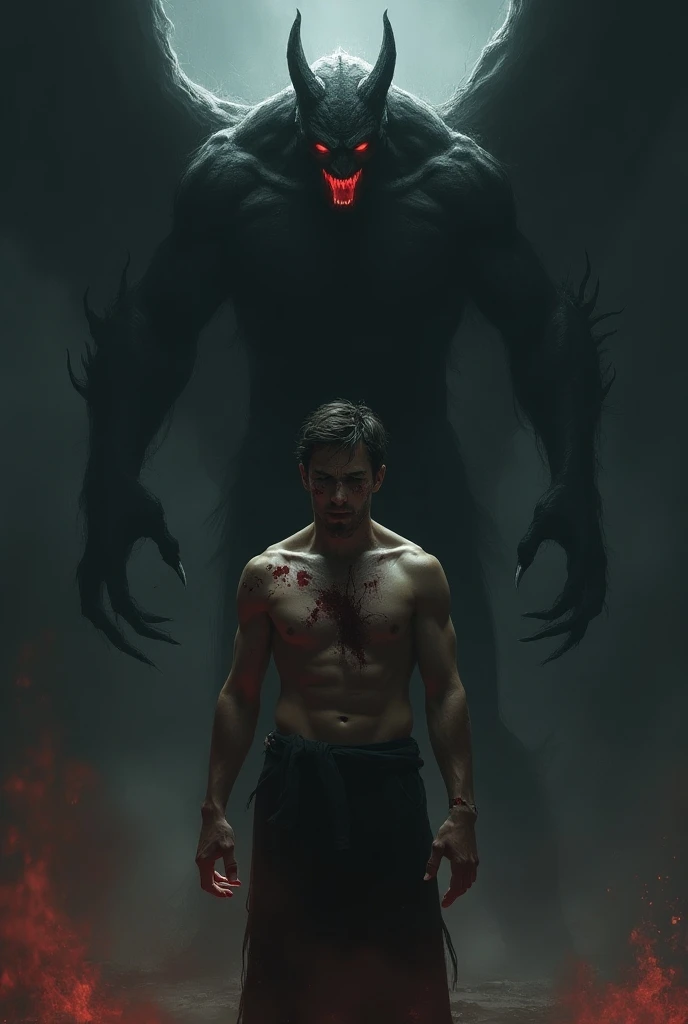 Man waking up desperate in hell with monsters around him