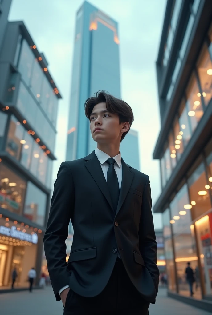 "A confident man standing tall amidst a bustling cityscape, with a hint of mystery in his captivating gaze."