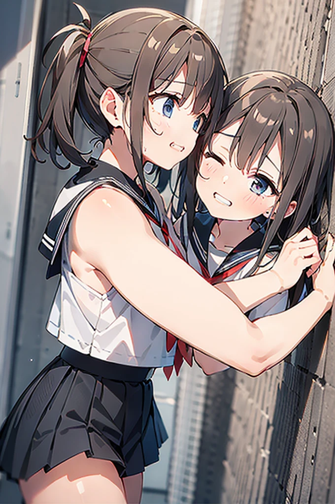 masterpiece, ULTRA DELICATE AND BEAUTIFUL ,Best Quality,2girls, sailor suit leaning against wall, navy pleated skirt,smile,, side view,Girl pinned to wall ,,{{kissu, close your eyes 