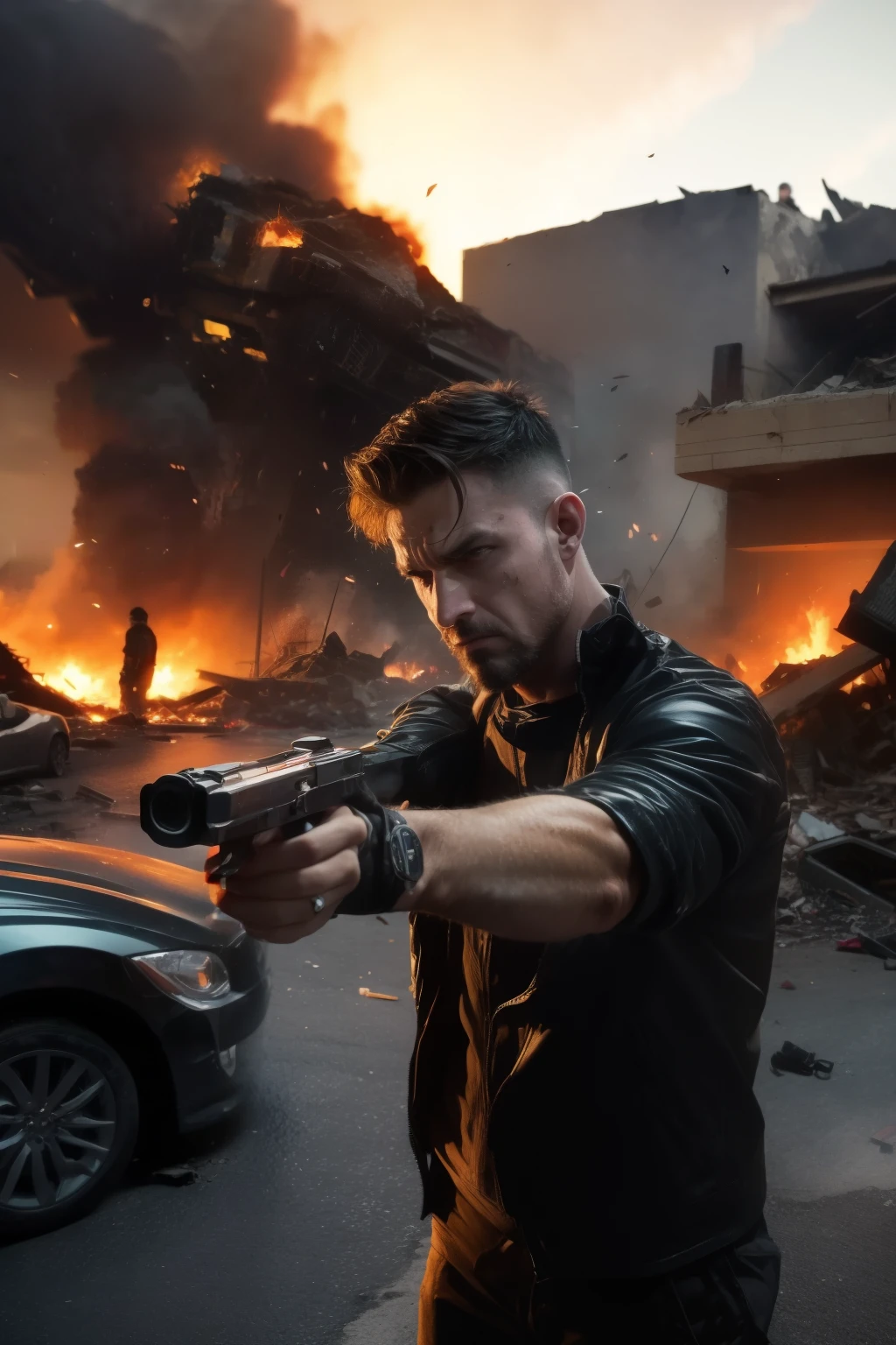 muscular mercenary firing a pistol, intense expression, detailed in worn tactical clothing, sweaty and dirty face, prominent veins on hands, urban environment in chaos and destruction in the background, fire and smoke rising among broken buildings, destroyed cars and debris scattered across the scene, cinematic depth, action scenes in motion, dramatic lighting, splashes and fragments in the air. natural light, 35mm photograph, film, professional, 4k, highly detailed, Golden hour lighting. Depth of field F2. Rule of Thirds Composition.
