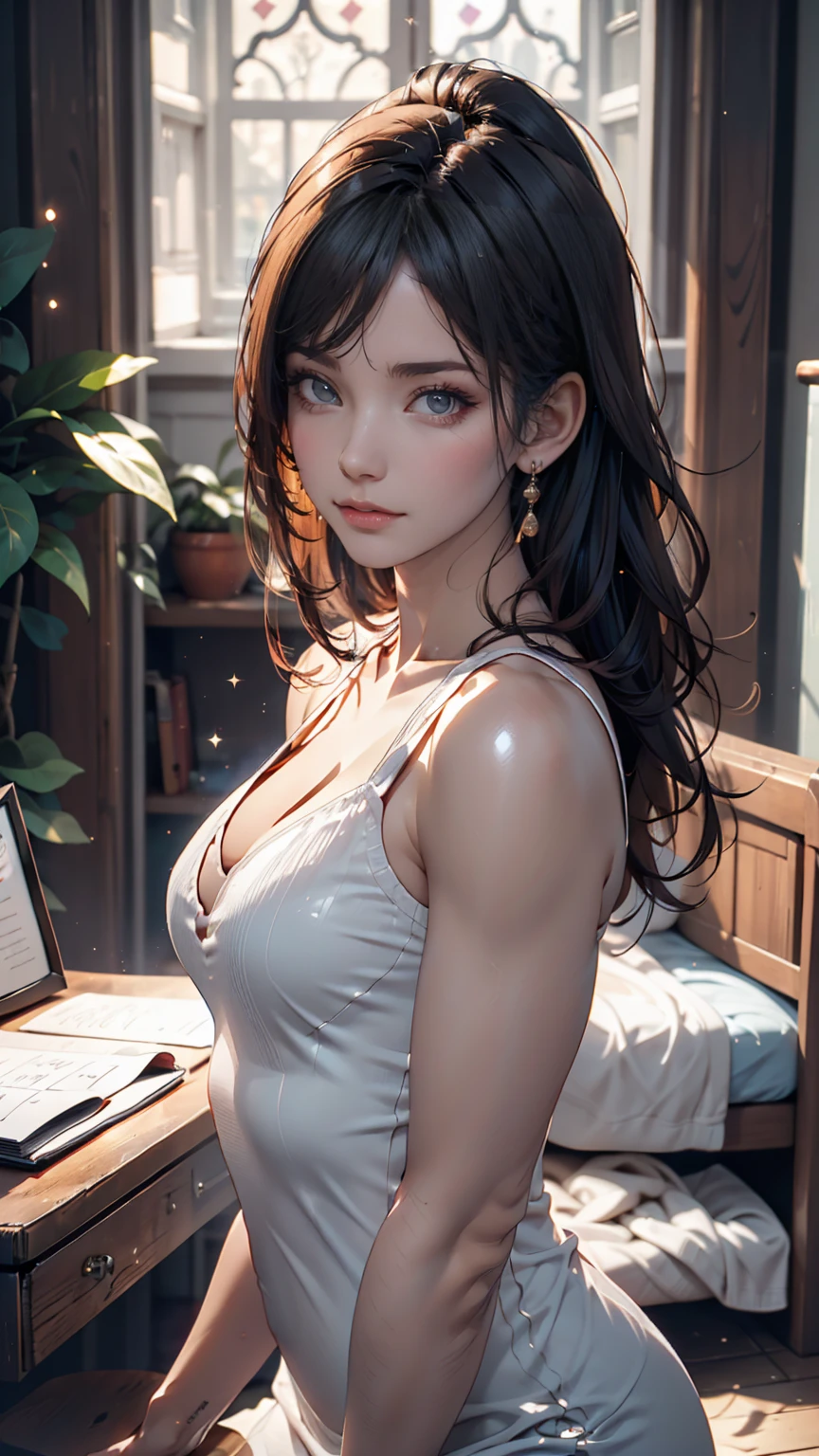 best quality, masterpiece, High resolution, a girl, office clothing, necklace, jewelry, pretty face, big breasts, more than_Body, Tyndall effect, lifelike, dark studio, edge lighting, two-tone lighting, (HD skin: 1.2), 8K Ultra HD, SLR camera, soft light, high quality, Volumetric lighting, frank, photography, High resolution, 4K, 8K, Bokeh,