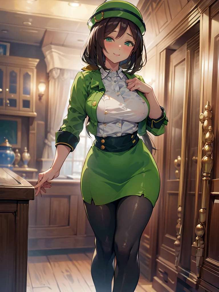 (​masterpiece, top-quality, hight resolution, Unity 8k, extremely details CG:1, Best Picture), ((seductive smile)), hayakawa tazuna, low ponytail, green headwear, green jacket, green skirt, pantyhose, A prostitute invites a woman to walk through a gay brothel. 'Sis, would you like to have a tit size contest with me? The winner gets to do whatever they want with the loser's pussy.' Such prostitutes have poor tits. 