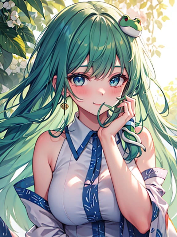 kochiya_sanae_touhou, green_hair, long_hair, hair_ornament, frog_hair_ornament, snake_hair_ornament, hair_tubes, blush, bangs, breasts, smile, green_eyes, blue_eyes
BREAK 
(nose blush), smile
BREAK
Masterpiece, best quality, high resolution, 8K, official art, super resolution, extremely detailed and beautiful, extremely detailed, amazing and detailed, highly detailed beautiful girl, highly detailed face, highly detailed eyes, highly detailed skin, highly detailed fingers, highly detailed nose, very detailed mouth, perfect anatomy
BREAK
shrine, forest in the shrine, extremely detailed CG unity 16k, very fine 16KCG wallpapers