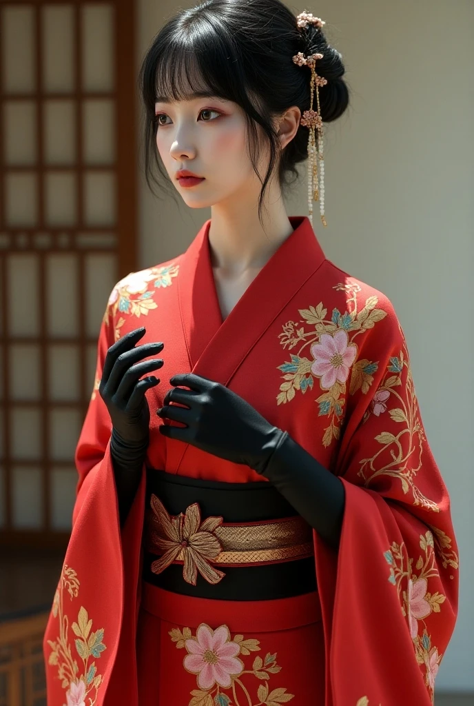 A beautiful japanese girl wearing red kimono and long black gloves ...