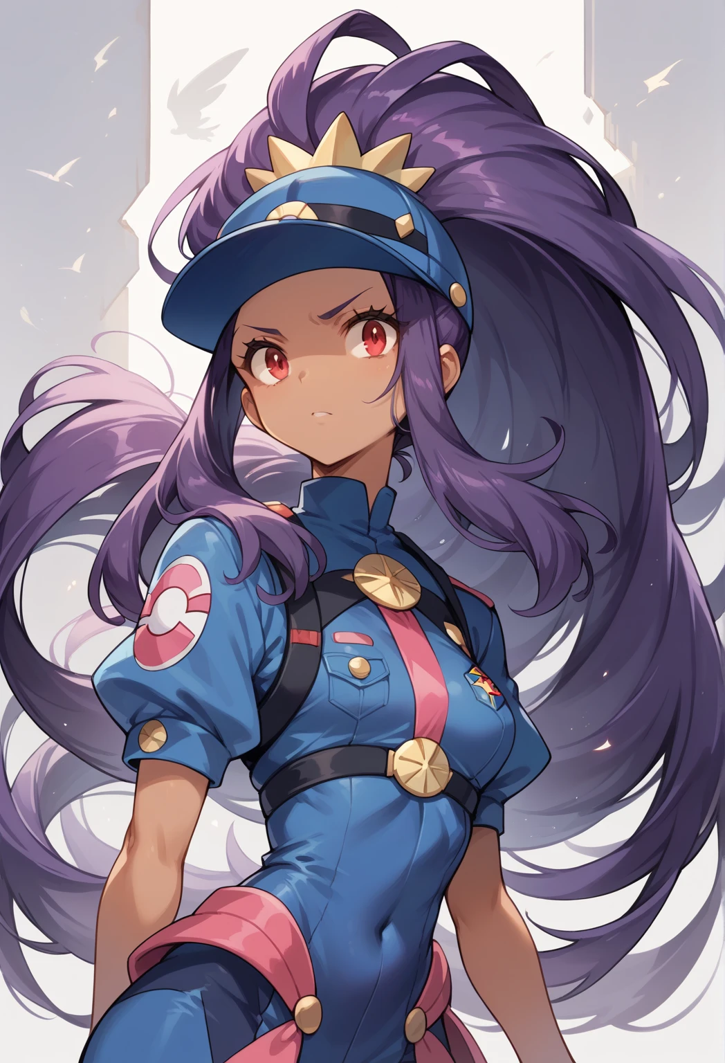 Best Quality, Masterpiece, ultra high resolution, iris \(pokemon\), purple hair, long hair, red eyes, dark skin, big hair,small breasts,  BREAK wearing sexy cop uniform, blue uniform, ponytail, petite