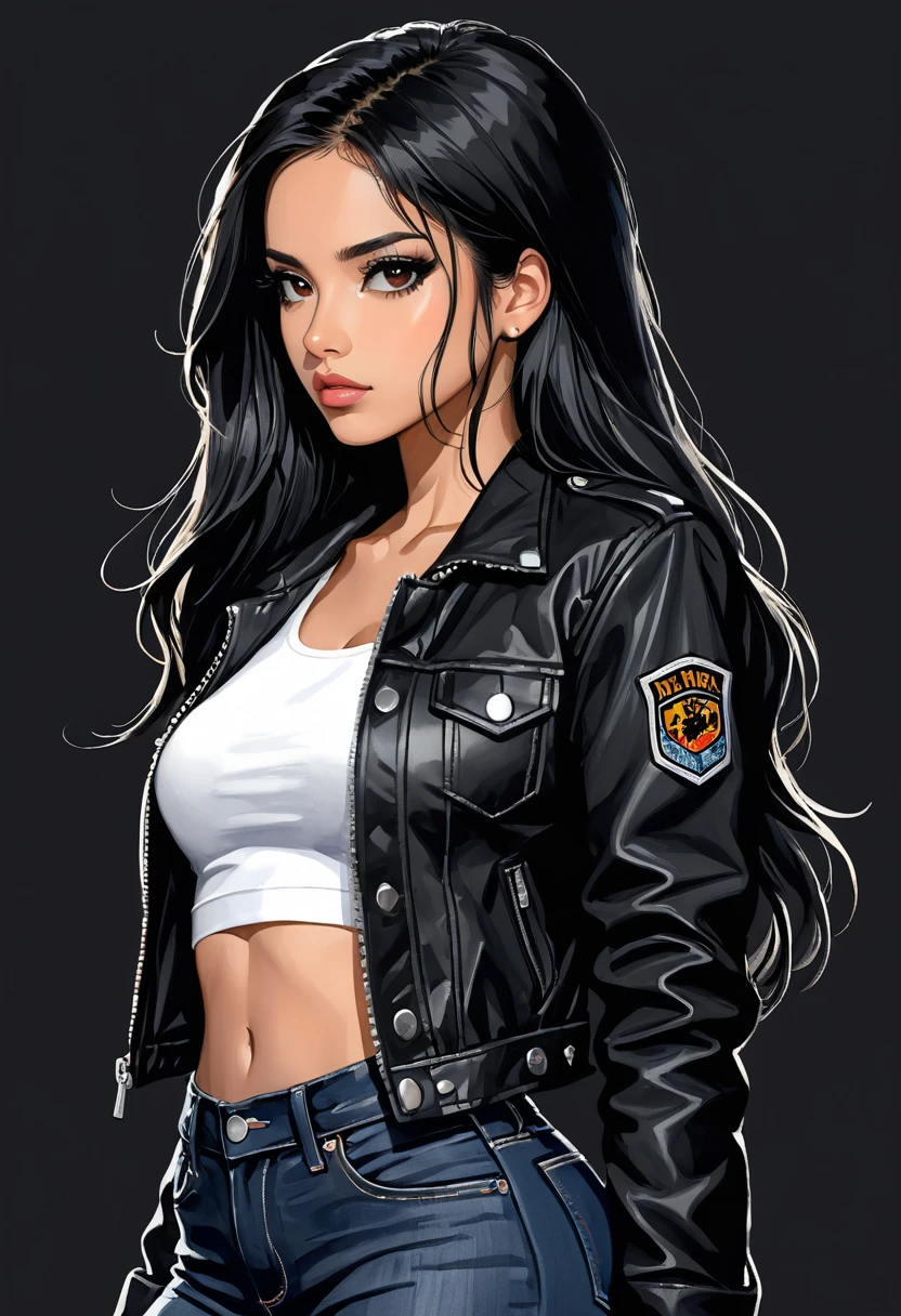 Masterpiece, ultra detailed, portrait, solo, 1girl, w3dn3sday, Latina, long hair, black hair, thin and athletic, black eyes, small frekles, wearing black leatger jacket, White crop top, jeans, art by Enki Bilal, watercolor, DeviantArt, high resolution, worry, look behind her shoulder, black background, simple background, novel cover