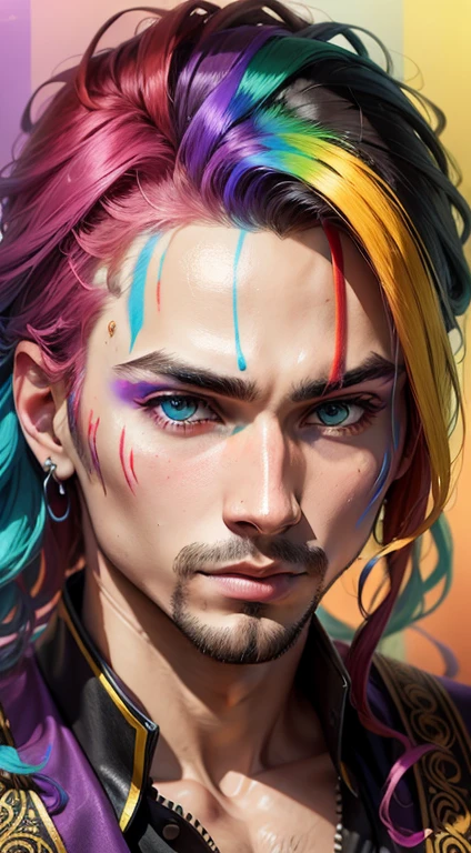 Colorful Wolverine: 50-year-old, oil painting, perfect face with uniform and perfect face, blue yellow colors, light purple and violet additions, light red additions, intricate details, home screen, 8k resolution, masterpiece, beautiful face, soft artstation digital painting black ink flow: 8k resolution Photorealistic masterpiece: intricately detailed fluid gouache painting:  by Jean Baptiste Mongue: calligraphy: acrylic: watercolor art, professional photography, natural lighting, volumetric lighting Maximalist photoillustration: by Marton Bobzert: , complex, elegant, expansive, fantastic, diffused light, vibrant, the night, fog