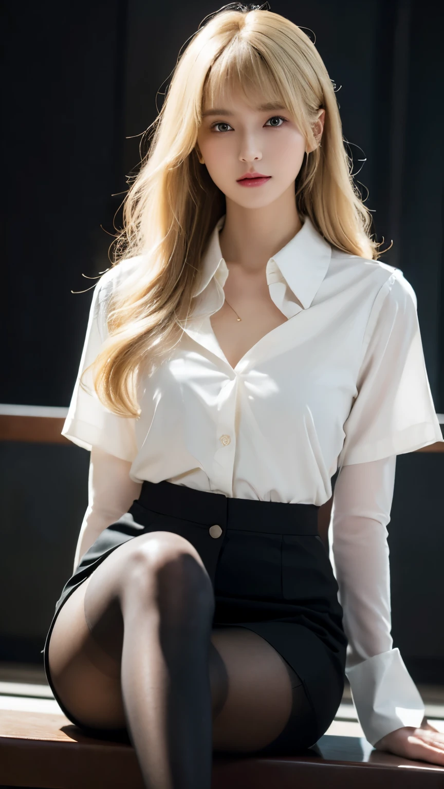 realistic, High resolution, soft light,1 female, alone, hip up, glowing skin, (detailed face),tattoo, jewelry, Secretarial Uniform, white shirt, black skirt, black stockings, garter belt, night, blonde hair, wavy hair, Beautiful Soldier, Eyes that invite the viewer, lover&#39;s perspective, an inviting look, sexy smile, perfect style, perfect balance, fine skin, naughty look, I can see your chest