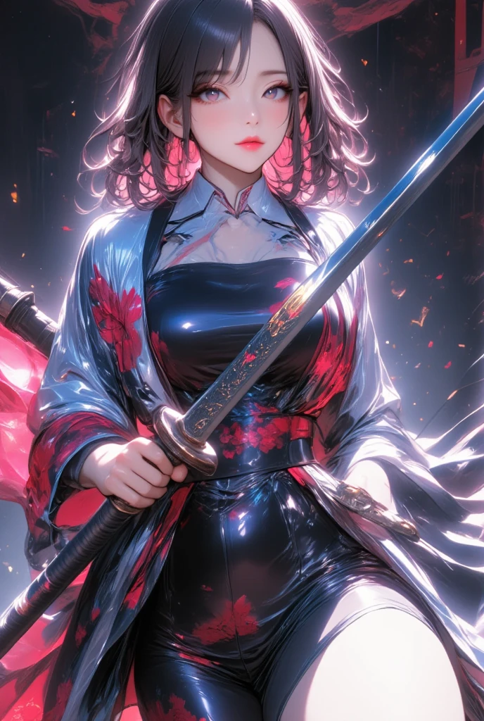 One young and beautiful woman,(Best Quality, Extremely Detailed Description , Incredibly Absurd Hi-Res),(Anime Samurai Girl ),(kimono,Hakama,Long sword:1.3),(Black Eyes,Black Hair, half-closed eye:1.1,sweat,Beautiful legs,Curvaceous Body, shiny skin, Poses Waving a Sword :1.5, is holding a sword:1.3,Shining Steel Blade:1.3,Sword,),Full body image, anime picture ,Side view,background:Riverside,Natural Light,Focus on the sword 