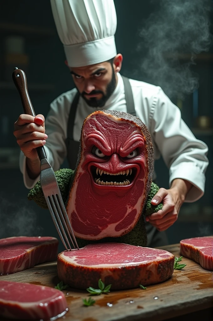 ral-meat, screaming faces on raw meat barbecue pieces on a skewer, on the grill, on fire, by Chris Mars