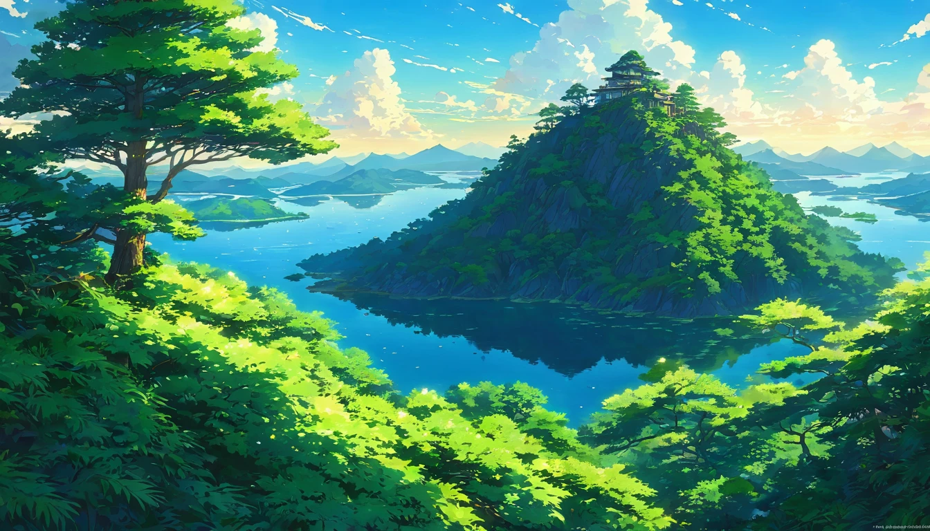 blue sky, sunrise,glow,lake summer time, green leaves , mountain, nature, Light, Shadow, mysterious, beautiful, Contrast, dynamic, beautiful Anime Scenery, Landscape painting, Beautiful digital painting, Andreas Rocha, illustration of a beautiful artwork, Awesome Wallpapers, Raymond Han, tall beautiful painting, Studio Greeble Makoto Shinkai, beautiful wallpaper, Anime Scenery, incredibly high detailed, pine treehouse, studio ghibli sky,anime background art, very high detailed, anime nature, anime scenery, studio ghibli sky, anime background art, very high detailed, anime nature, by sylvain sarrailh, anime scenery, makoto shinkai.