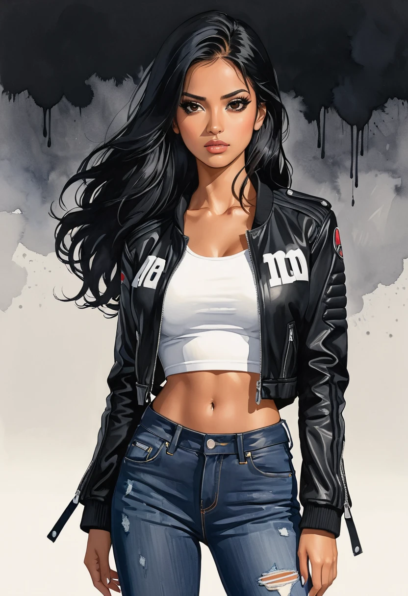 Masterpiece, ultra detailed, portrait, solo, 1girl, w3dn3sday, Latina, tanned skin, long hair, black hair, thin and athletic, black eyes, small frekles, wearing black leatger jacket, White crop top, jeans, art by Enki Bilal, watercolor, DeviantArt, high resolution, worry, look behind her shoulder, black background, simple background, novel cover