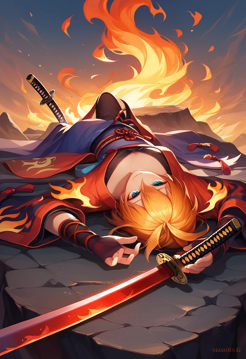 score_9, score_8_up, score_7,an epic katana, legendary ((katana: 1.4)) lying on a rocky stand,  there are glowing runes on the katana, flames are reflected on the shining blade, katana, FireMagicAI