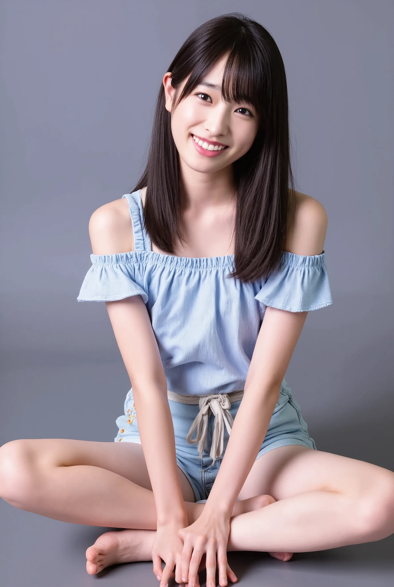 Full body shot from the front、Wear off-the-shoulder mini one-piece pajamas, bend your knees, spread your legs, take a cross-legged pose, and sit while looking at me, Slender bare legs 、smile、The background is a monotone 

