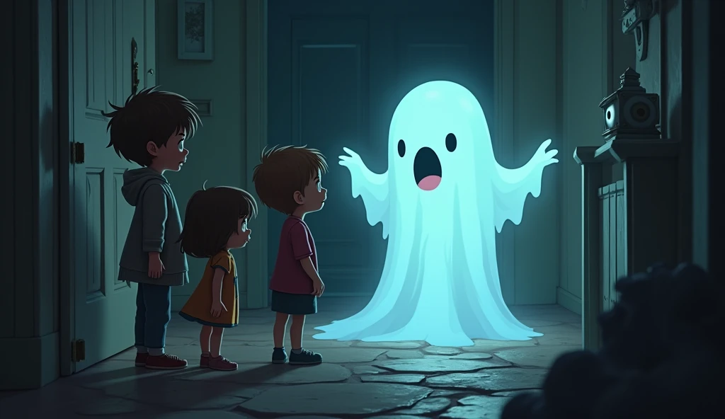 Make a cartoon book cover with the title, ghost in the mirror with 3 children two boys and a girl 