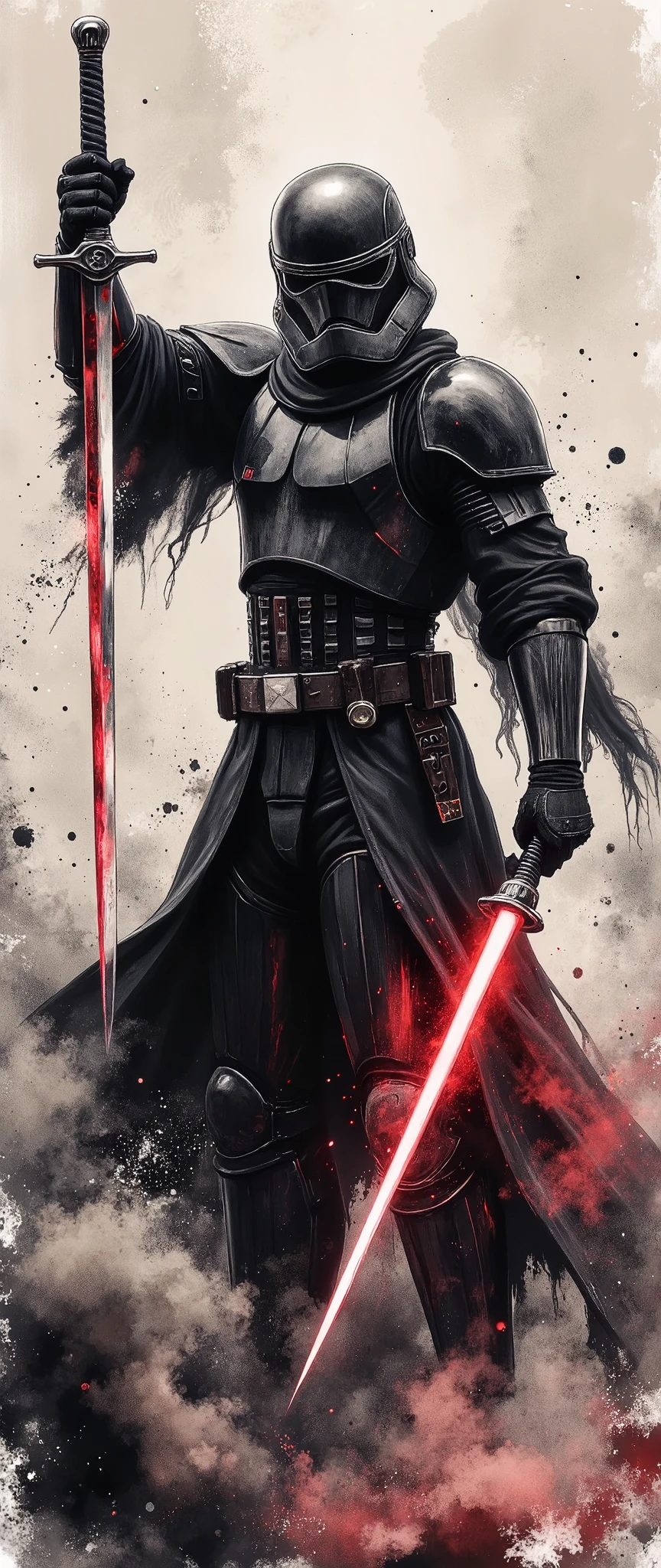 (masterpiece:1.2,exceptional quality,Mirror finish,  cinematic experience  ,  best illustration ,Super detailed),8k,wallpaper,(Watercolor),(Sword:2.0),( Star Wars:2.0),( armor designed to look like samurai armor :2.0),(Captain Phasma in black :2.0),(Slash:2.0),(Swordの軌跡を赤いレーザー線で表現する:2.0),( dynamic :2.0)