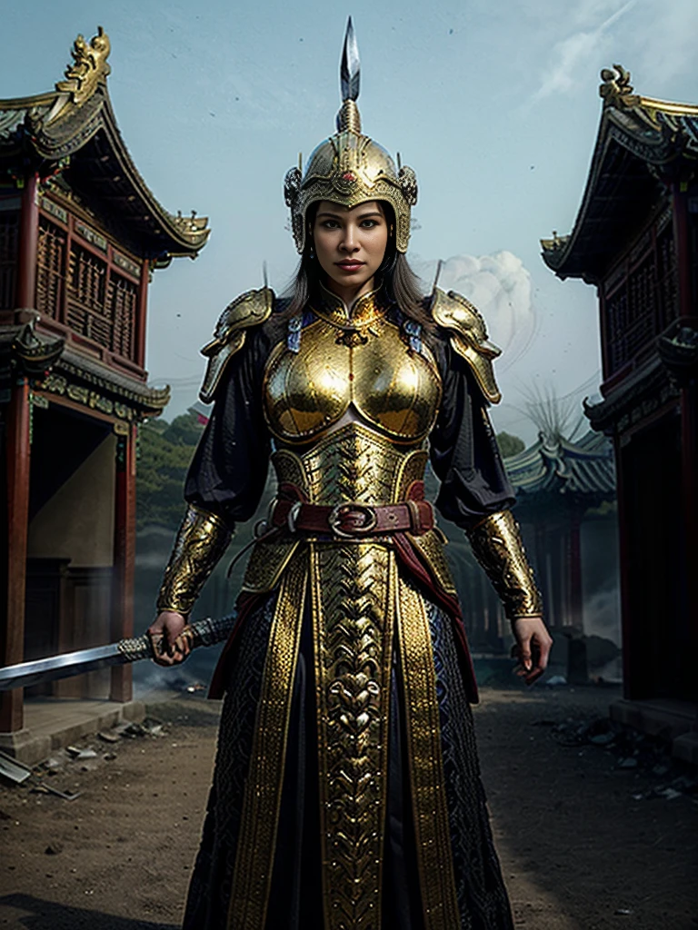 （ full-body photo ）， 1 busty girl ， accurate and perfect Korean female face ，Anatomically correct， golden ratio body ， exquisite Chinese Ming dynasty lace dress armor ，Armed belt ， made of shiny white and silver translucent glass and titanium， Joyful expression,  bright colors , Battlefield Background,Ashes fell,  Flames Rush to the Sky  ，Bright sunshine， wearing a delicate ancient helmet ：1.2，  blue eyes ：1.2，(Holding a long sword， defensively )，( with a transparent Chinese dragon standing behind him )，Oriental elements， fantastic light ，（globalillumination， ray tracing，HDR， rendering effect is unreal ，Reasonable design， high detail，masterpiece， The best quality ， Ultra HD，Film lighting)