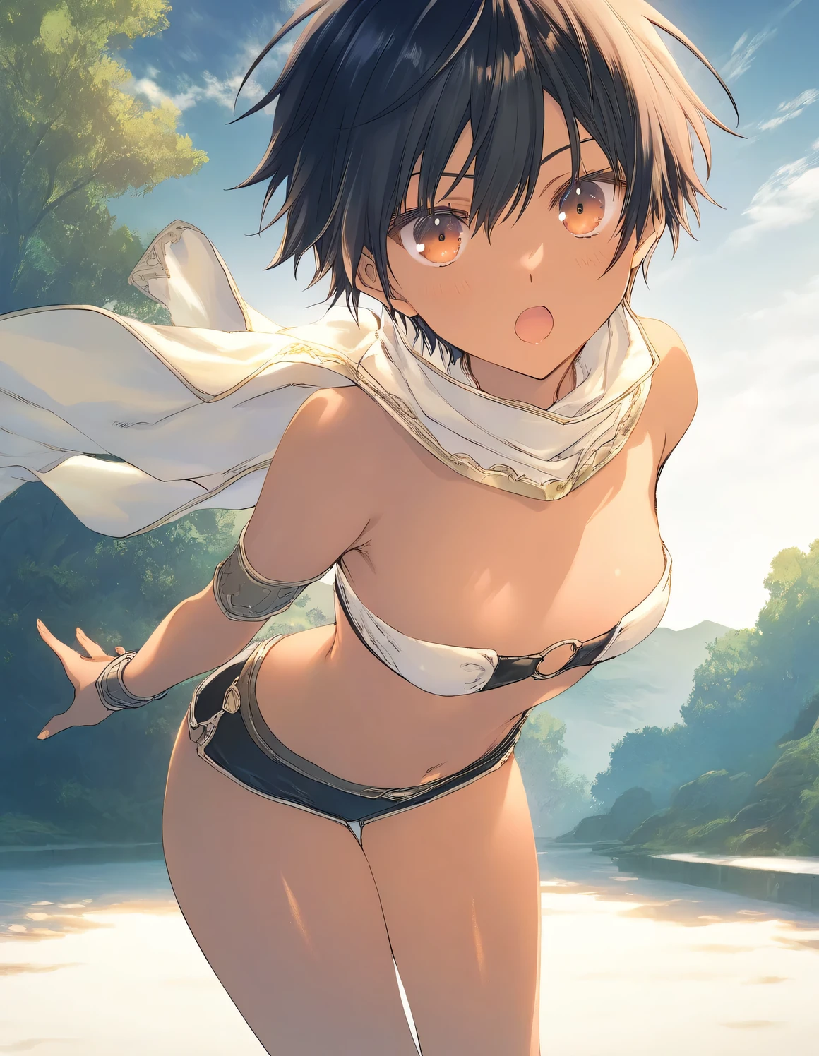 1girl, tomboy, little female, beautiful breasts, open mouth, outdoors,wind, fantasy, game CG, break,((artist:mitsumi_misato)),(artist:fujiyama),(artist:suzumori),(masterpiece), (best quality), (ultra-detailed), very aesthetic, newest, beauty illustration,super detailed skin, shiny skin, (masterpiece), (best quality), (ultra-detailed), very aesthetic, new, newest, ,hi res,absurd_res,2023,2024,shaded,digital media (artwork), realistic lighting, 4k, 8k,