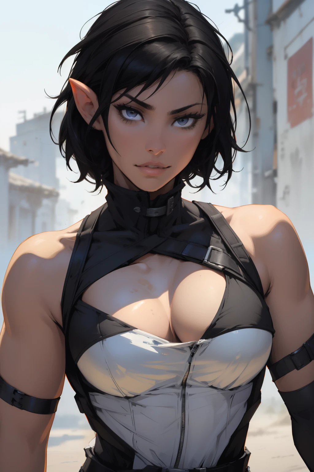 1girl, annie leonhart, (black hair:1.3), hair between eyes, short hair, sideburns, gray eyes, lips, cleavage, big breasts, close up, solo, lips, masterpiece, best quality, 