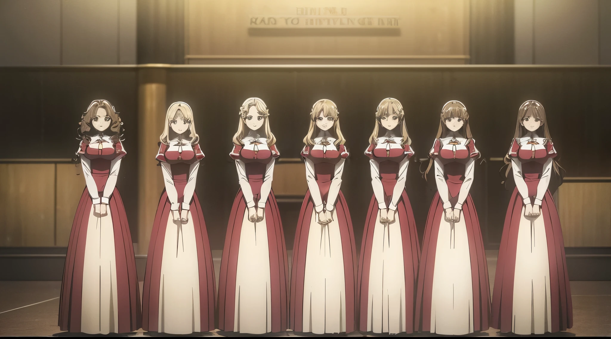 masterpiece, high quality , Multiple Girls , Organization , Same sisters, blond, curls, ( Brown Haired Sisters , blond姐妹, Many Sisters , with Hairstyles , different hair colors), Hazel Eyes , Big breasts, ((Matching Clothing, )), Smile, Flat_color, Same Height , Organization pose, Back to Back,Row of people