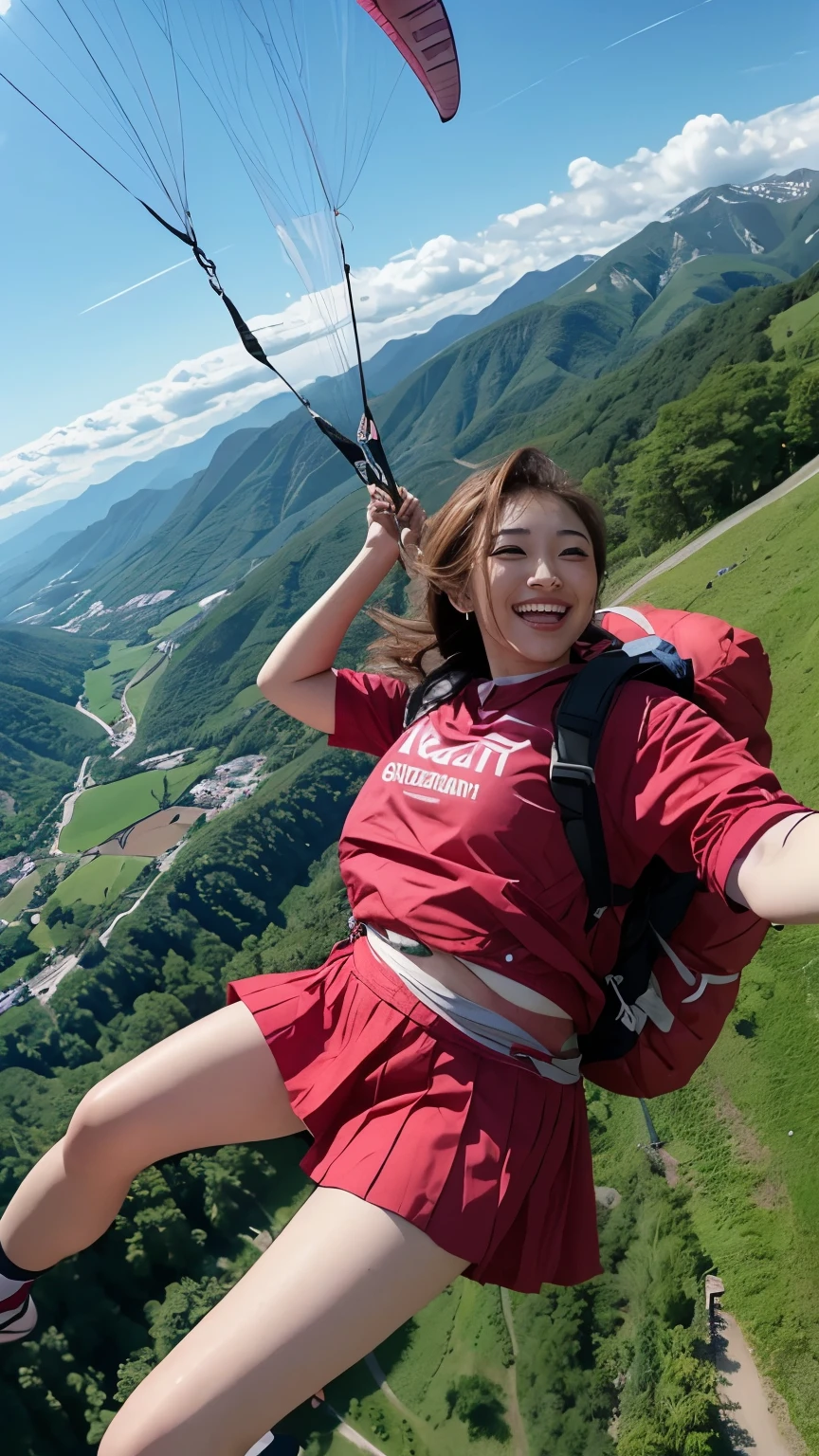 Beautiful 24 Years Korean Girl, Paragliding On switzerland alaps valley, ((On air)), ((Paragliding)), Solo, Air, Realistic, Ultra HD, 8k unity walpaper, Ray Tracing, Beautiful smile, (smile:1.2), (Red T-shirt), (pleated above knee length pink skirt), detailed background, Detailed skin, detailed dress , (Detailed paragliding), Real Paragliding, Landing time, Touching ground when landing paragliding, Low height on air,