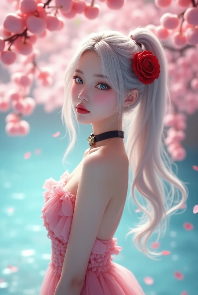 Master works, ultra high picture quality, perfect details, 8K works, extreme light effect, the background is a blue lake, there is a very strong peach tree, not exposed the trunk, super super pink and white peach trees hanging down from the branches, pink peach petals dancing in the air, **** a fantasy, there is a girl in the picture, the girls ankle above the picture, Slim body, very fair skin, essential oil on the skin, skin has a reflective effect, the sun shines from the side, girl has silver hair, super super long hair, high ponytail, blown by the wind, a red rose in her hair as a headdress, girl has a very beautiful face, melon seed face, perfect face shape, small mouth, mouth turned up, large eyes, Two different colored pupils, deep eyelashes, light eyebrows, high eyebrows, the girl has a black collar around her neck, hanging a small bell, the girls chest is very large, the shoulders are bare,no brasier, nipples