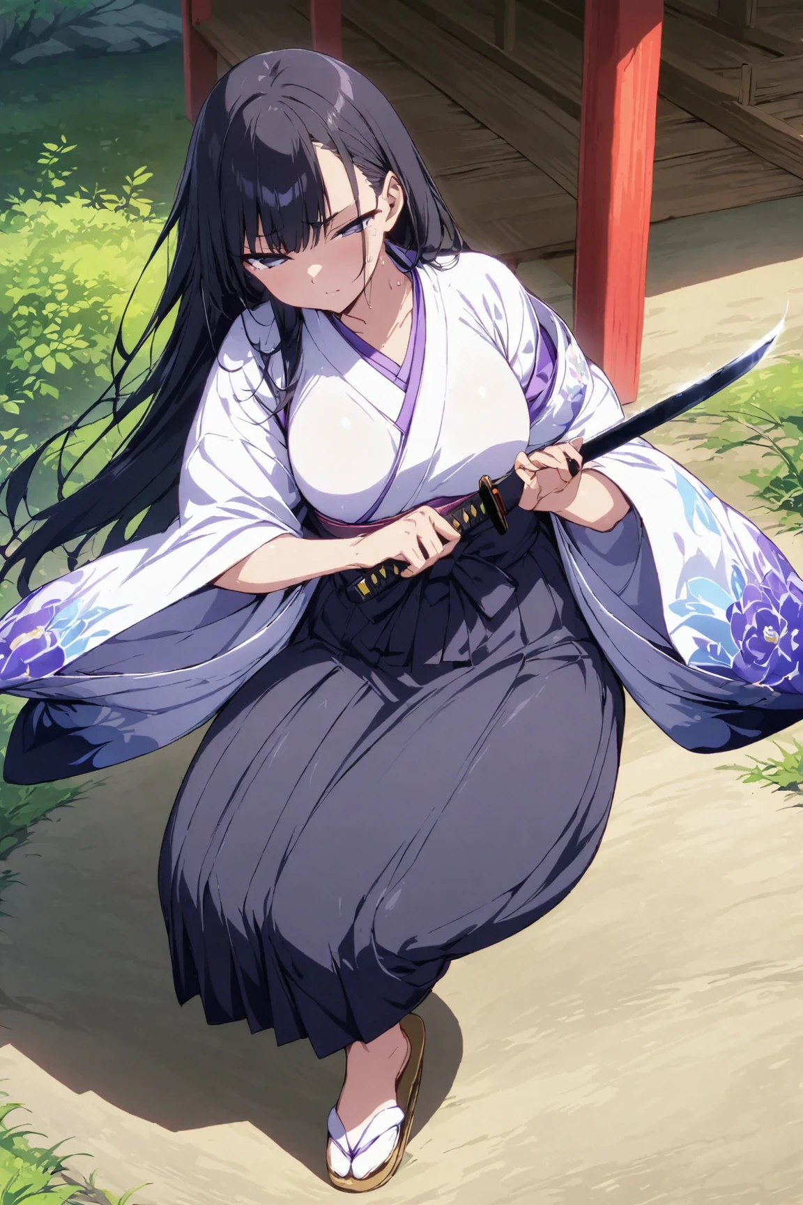 One young and beautiful woman,(Best Quality, Extremely Detailed Description , Incredibly Absurd Hi-Res),(Anime Samurai Girl ),(kimono,Hakama,knife:1.3),(Black Eyes,Black Hair, half-closed eye:1.1,sweat,Beautiful legs,Curvaceous Body, shiny skin,knifeを手に持っている:1.5,knifeを構えている:1.3,輝くknifeのknife身:1.3,妖knife),Full body image, anime picture ,Side view,background:Riverside,Natural Light,knifeにフォーカス