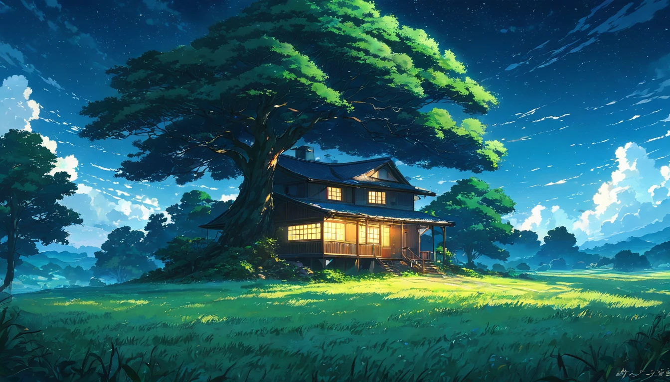 house under a tree in a field at night, Shadow, mysterious, beautiful, Contrast, dynamic, beautiful Anime Scenery, Landscape painting, Beautiful digital painting, Andreas Rocha, illustration of a beautiful artwork, Awesome Wallpapers, Raymond Han, tall beautiful painting, Studio Greeble Makoto Shinkai, beautiful wallpaper, Anime Scenery, incredibly high detailed, pine treehouse, studio ghibli sky,anime background art, very high detailed, anime nature, anime scenery, studio ghibli sky, anime background art, very high detailed, anime nature, by sylvain sarrailh, anime scenery, makoto shinkai.