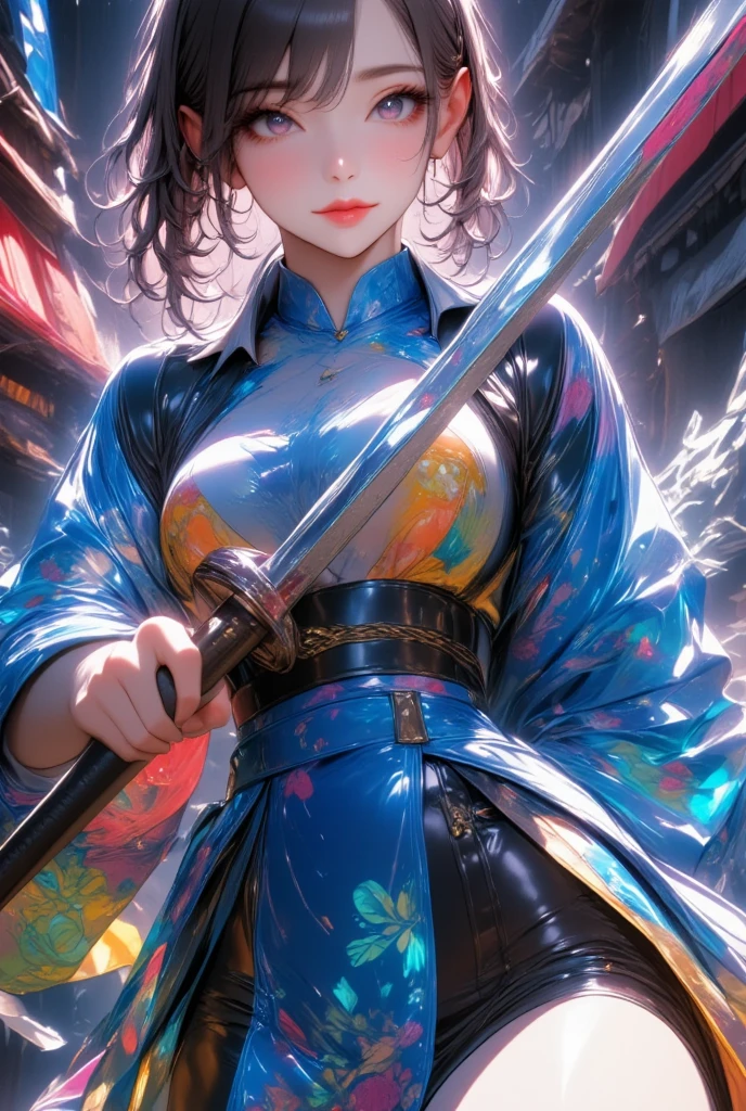 One young and beautiful woman,(Best Quality, Extremely Detailed Description , Incredibly Absurd Hi-Res),(Anime Samurai Girl ),(kimono,Hakama,Long sword:1.3),(Black Eyes,Black Hair, half-closed eye:1.1,sweat,Beautiful legs,Curvaceous Body, shiny skin, Poses Waving a Sword :1.5, is holding a sword:1.3,Shining Steel Blade:1.3,Sword,),Full body image, anime picture ,Side view,background:Riverside,Natural Light,Focus on the sword 