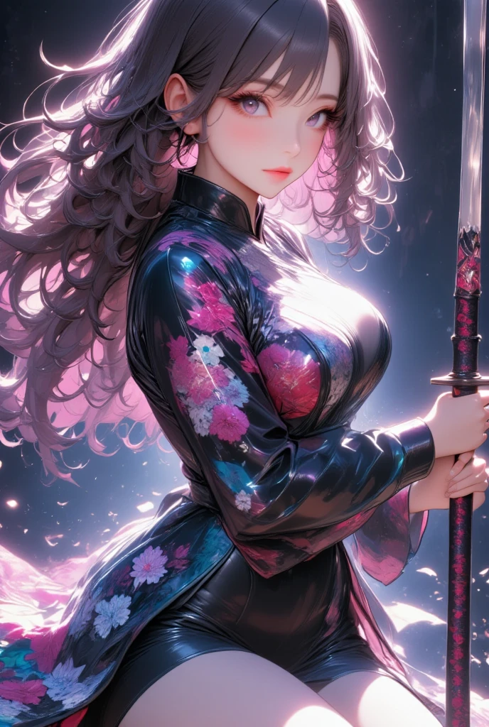 One young and beautiful woman,(Best Quality, Extremely Detailed Description , Incredibly Absurd Hi-Res),(Anime Samurai Girl ),(kimono,Hakama,Long sword:1.3),(Black Eyes,Black Hair, half-closed eye:1.1,sweat,Beautiful legs,Curvaceous Body, shiny skin, Poses Waving a Sword :1.5, is holding a sword:1.3,Shining Steel Blade:1.3,Sword,),Full body image, anime picture ,Side view,background:Riverside,Natural Light,Focus on the sword 