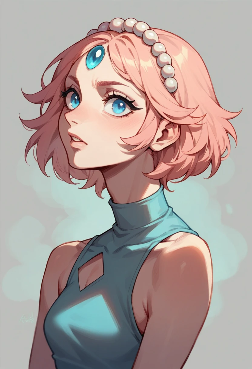 pearl, forehead jewel, peach hair, short hair, blue eyes