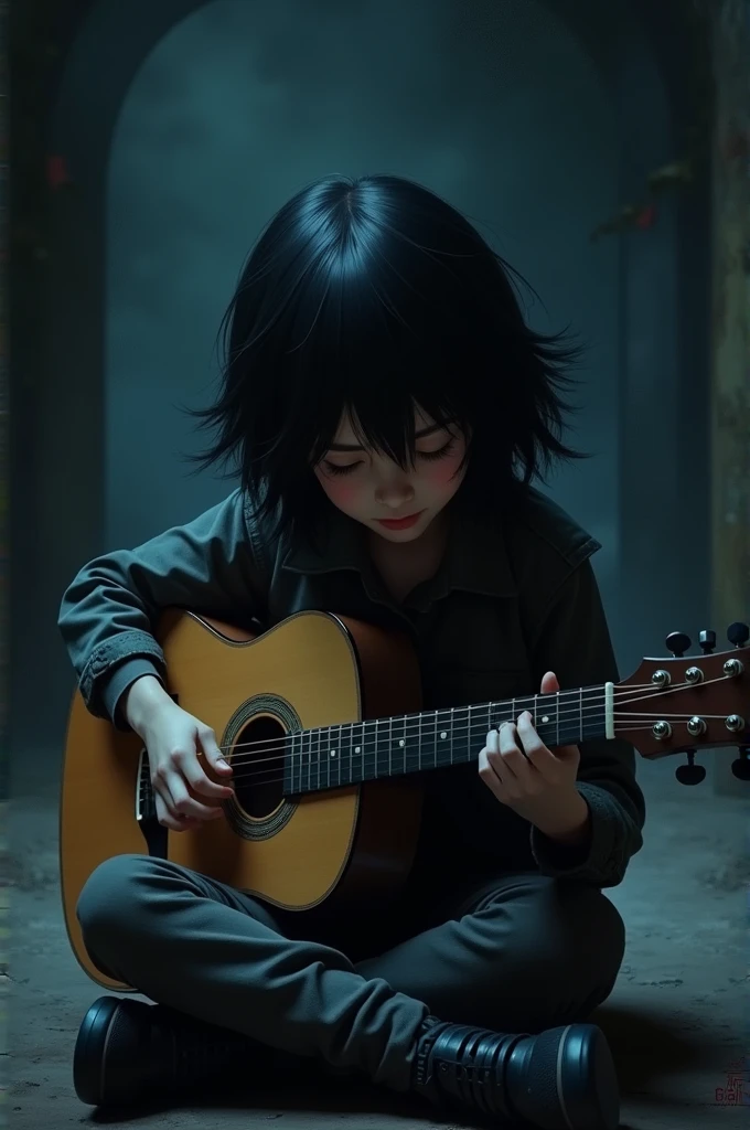 A girl photographing a boy playing guitar in a park in a cafe that allows you to see outside while it rains at night, The cafeteria seems to be closed and there is only the boy