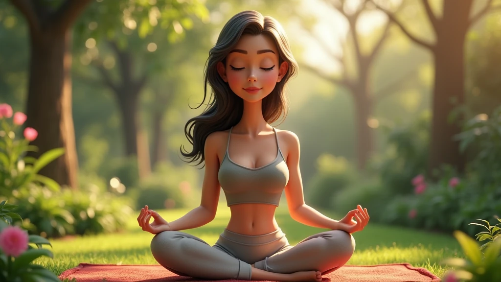 (realistic animation) [SQUARE] creates an image of a young woman with a lot of life, curly, Brown hair, with books next to it and plants, meditating FLOATING INSIDE a bubble. 