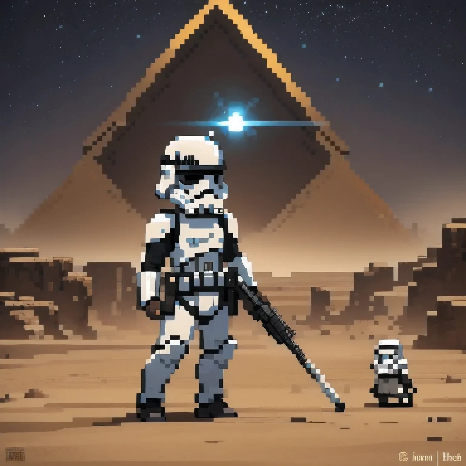 Miniature photograph of a Stormtrooper with Star Wars weapon walking through the desert leaving footprints in the sand cinematic dramatic lighting, blurred desert background.