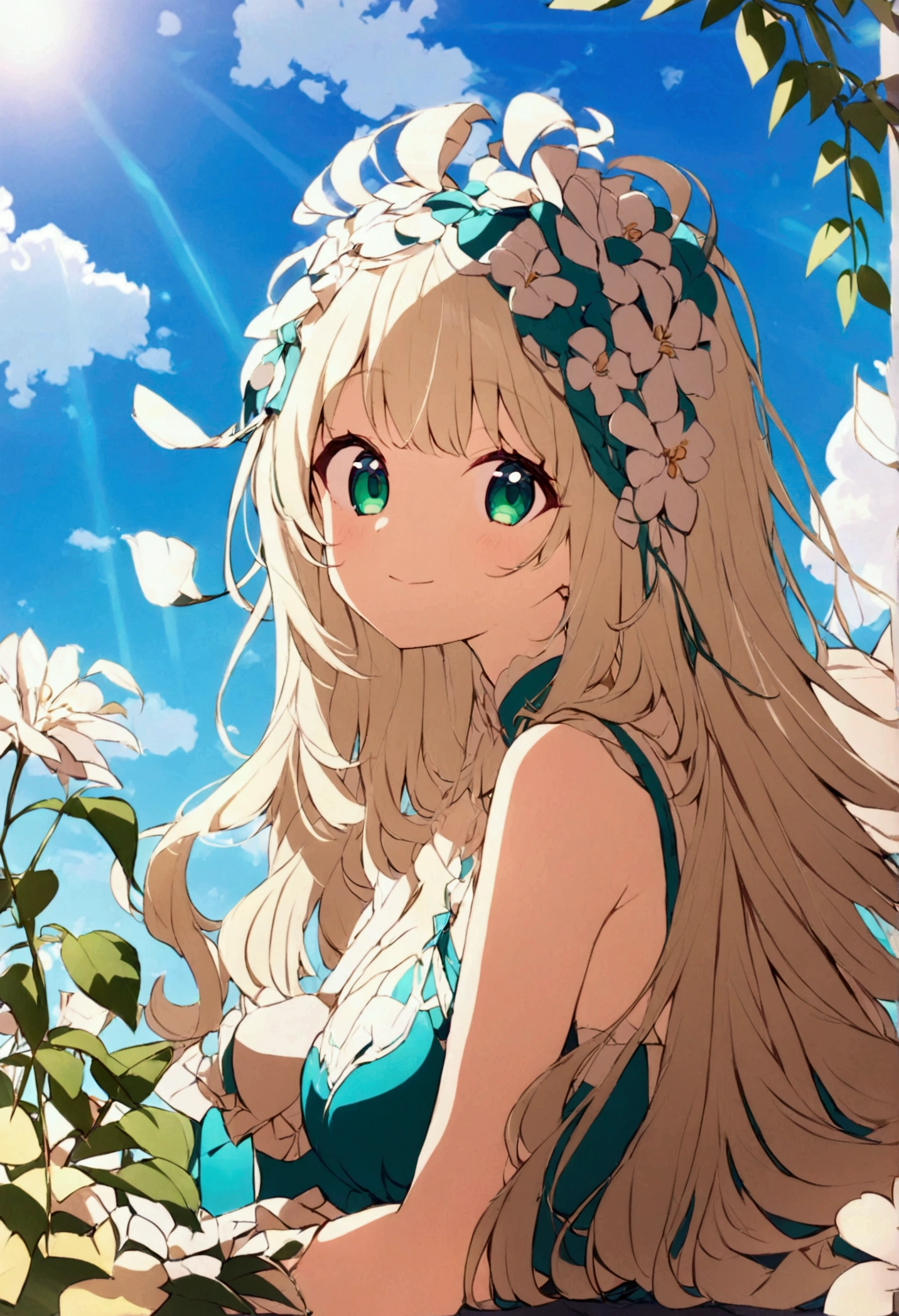 Best Quality、8k、Representative Works:1.3、 girl、1 person、1 personで、 petite and glamorous body 、curve、cute、 she smiles happily 、 beautiful long platinum blonde hair、 beautiful emerald green eyes 、 in a cute pose ,The background is blue sky and flowers 々is spreading,