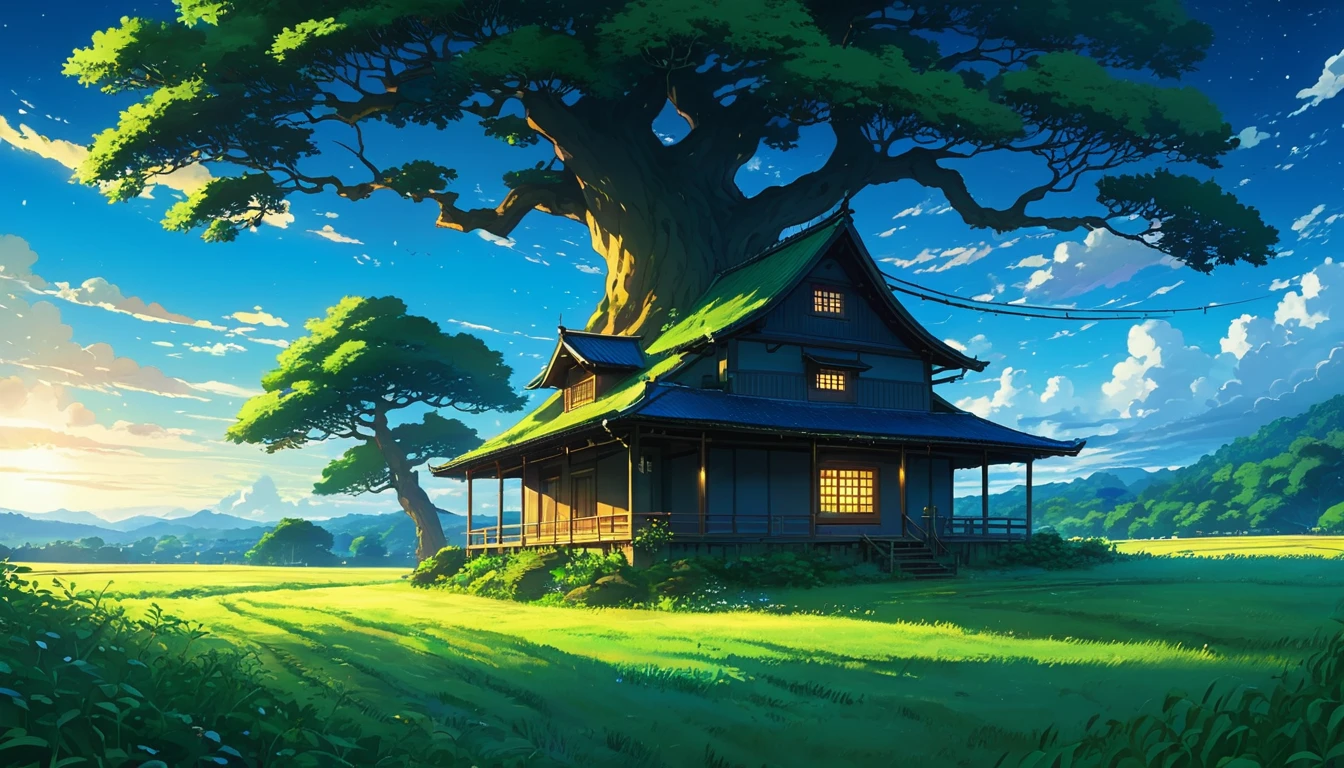 house under a tree in a field at night, Shadow, mysterious, beautiful, Contrast, dynamic, beautiful Anime Scenery, Landscape painting, Beautiful digital painting, Andreas Rocha, illustration of a beautiful artwork, Awesome Wallpapers, Raymond Han, tall beautiful painting, Studio Greeble Makoto Shinkai, beautiful wallpaper, Anime Scenery, incredibly high detailed, pine treehouse, studio ghibli sky,anime background art, very high detailed, anime nature, anime scenery, studio ghibli sky, anime background art, very high detailed, anime nature, by sylvain sarrailh, anime scenery, makoto shinkai.
