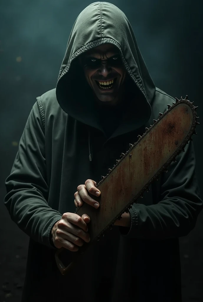make an image of a dark forest with a man with everyone&#39;s panic mask in Panic and a ministerial hand holding a knife with the word killer written on it, put blood on the knife and make a mask more similar 