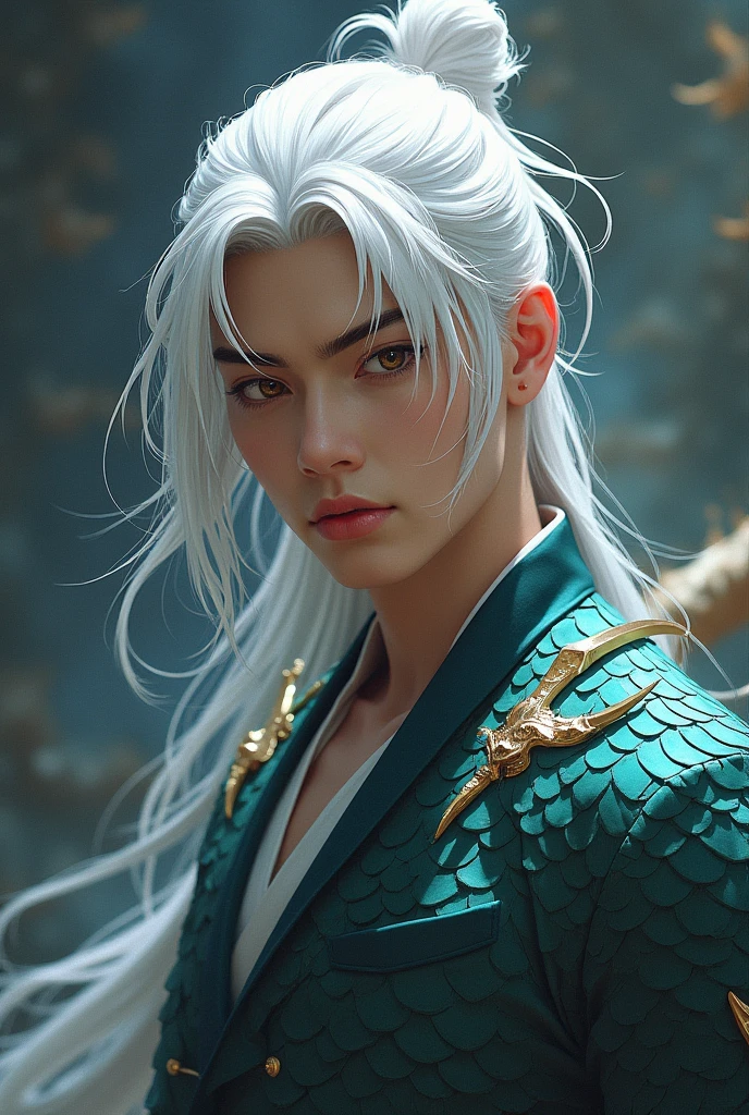 Anime art of a handsome white haired Chinese guy half a dragon
