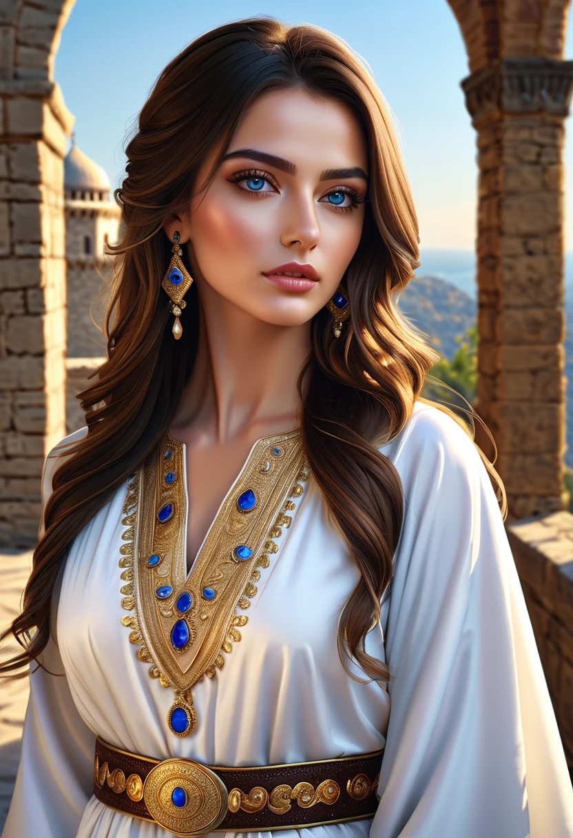 ( better quality,4K,8 k, high definition,masterpiece:1.2), ultra-detailed ,( Realistic ,photo Realistic ,photo- Realistic :1.37), beautiful Turkish  (((( man))) (25 years old) ,  blue eyes,  moderately pumped  , In the Turkish sultan  ((( white caftan, long straight hair embroidered with gold threads ))) , gold embroidered belt with blue jewels  ,with a sword in his hands, ((black))  is pulled behind your back in a beautiful Turkish castle, ,  cinematic lighting ,  dramatic camera angles , ( better quality,4K,8 k, high definition,masterpiece:1.2), ultra-detailed ,( Realistic ,photo Realistic ,photo- Realistic :1.37), girl beautiful detailed eyes, beautiful lips,  In detail,  extremely detailed eyes and face,  long lashes ,  dramatic lighting ,  cinematic composition,  dynamic pose , stunning colors,  digital painting,