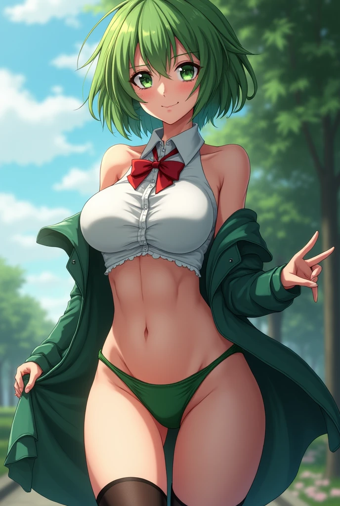 1girl,mature female,solo,happy expression,big breasts,green hair,medium hair,long bangs, water green eyes, shy expression,(chocker), Cute green top, in your room, interesting perspective, golden proportion, aurea proportion Blushed,flat tummy, sweat, and sweat, pet collar, green panties frog design clothes