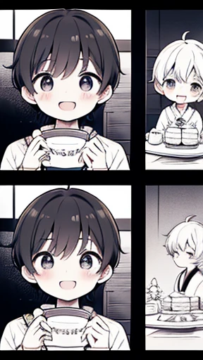 Monochrome、Japanese Manga、  Boy talking about cake  、A four-frame comic depicting a cake  、  delicious cake dish as a present、    happy face、    your smile is cute   、   Boy talking about cake    、