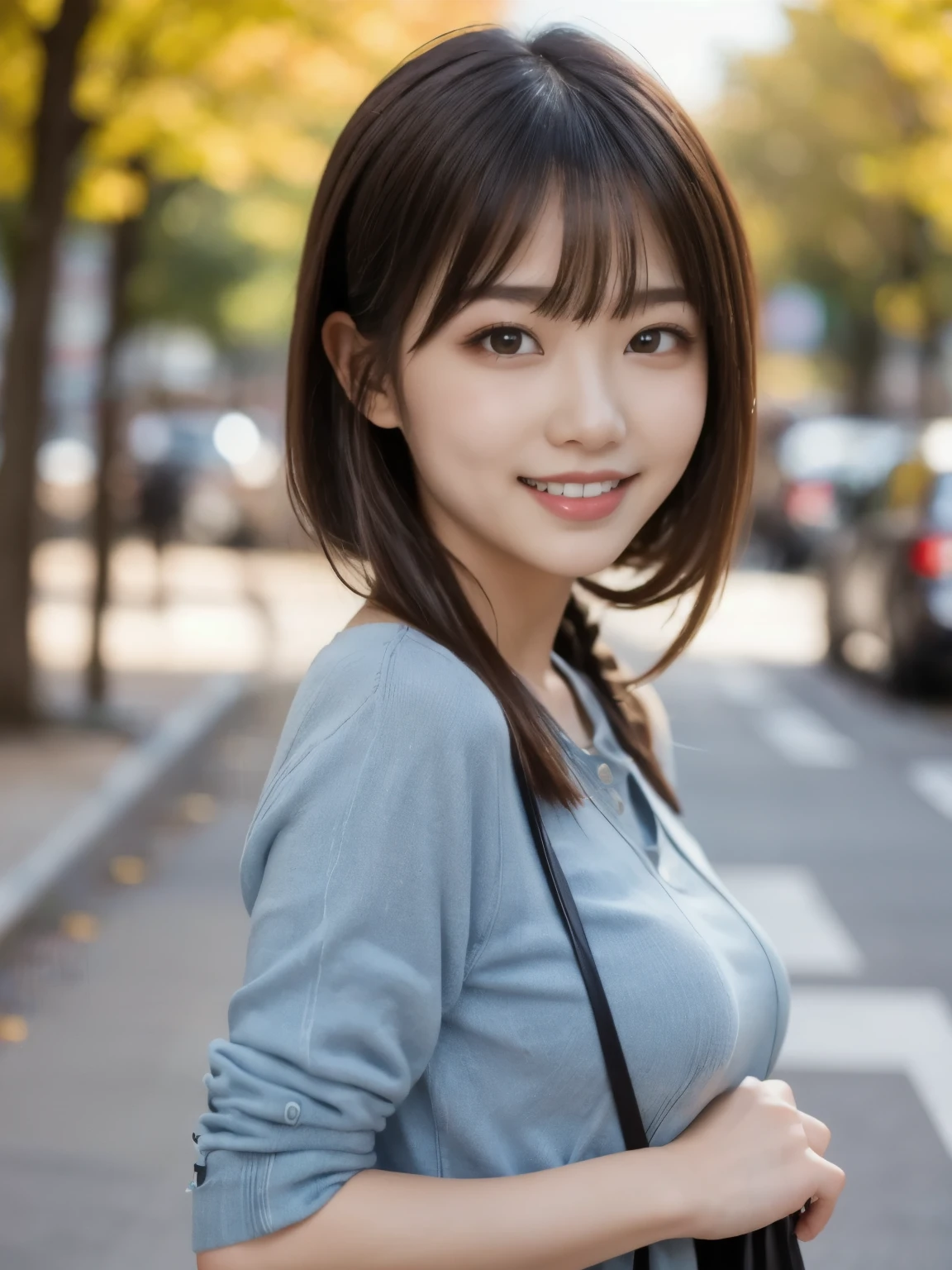 8k、Best Quality、Ultra Wide Angle Monofocal Lens 、(Representative Works:1.2)、(genuine)、(genuine:1.37)、Ultra-fine、One Young Woman 、 ponytail hair 、 beautiful alignment of teeth、smile、Well-formed fingers、Shinjuku、( Casual Clothes )、Big Breasts、PERFECT BODY、Perfect Fingers、Beautiful Skin、Early Autumn Park Pro Lighting、Face and skin detail、Microparticles、 RAW Photos