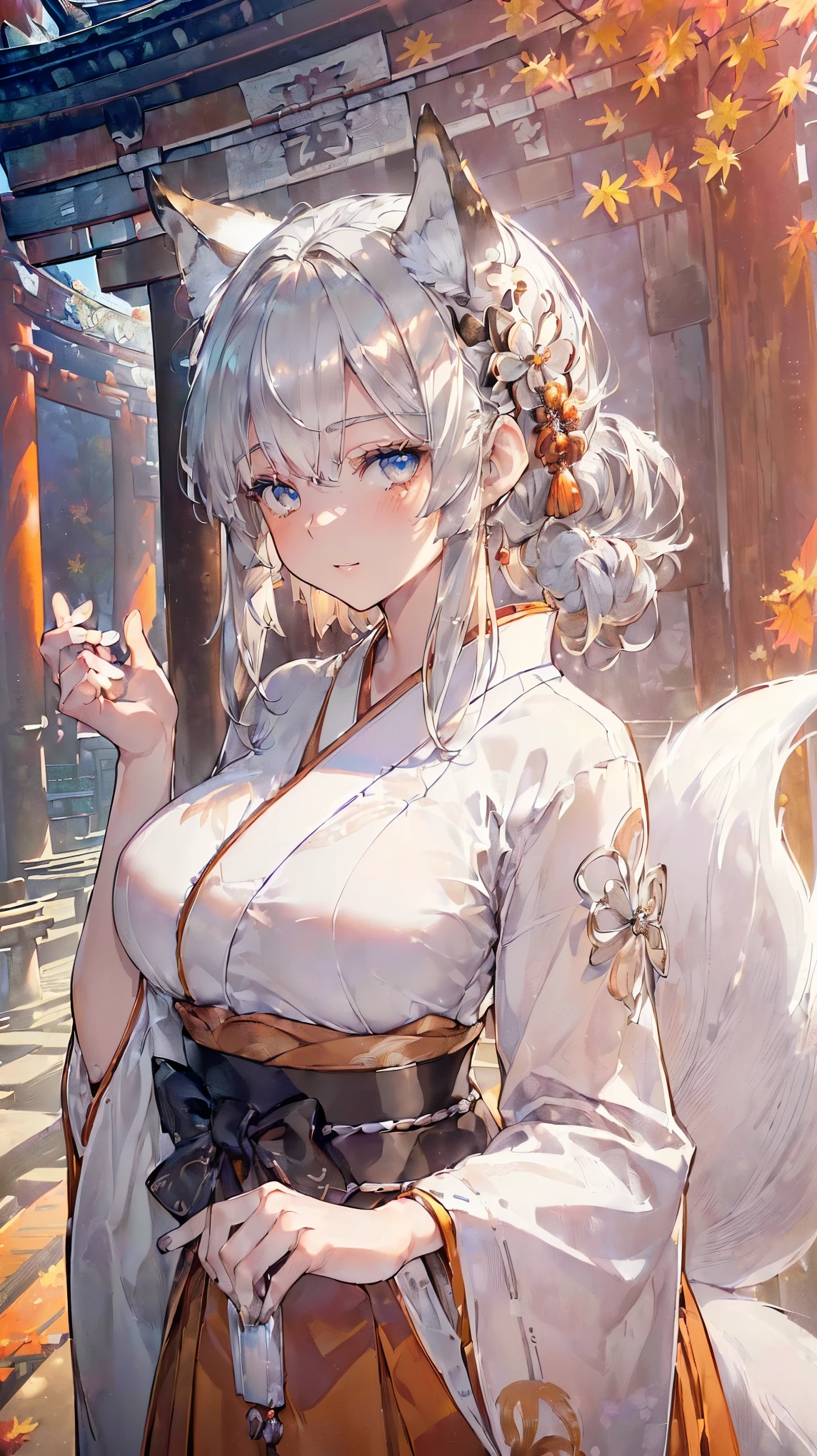 (((Masterpiece))), (((Highest quality))), ((Ultra-detailed)), ((Super fine illustration)), ((Ultra-fine painting)), (16K highest quality wallpaper:1.4), (Upper body:1.6), HDR, (Highly detailed and delicate illustration style:1.8), Detailed skin texture, Detailed cloth texture, Extreme detailed description, (T-masterpiece), (Highly detailed face:1.2), (Highly detailed fox ears:1.2), (Highly detailed shiny golden brown half updo:1.2), (Highly detailed clear blue eyes:1.2), Original, RAW photo, Professional, Intricate details, Super details, Direct light:1.6, (Perfect anatomy:1.4), (Highly detailed hands:1.2), (Highly detailed fingers:1.2), (Highly detailed fingertips:1.2), (24-years-old), Real, (Solo:1.8), ((A very beautiful and attractive fox fashion model with blue eyes wearing a bright red furisode with a floral pattern:1.4)) BRAKE (Beautiful and adorable fox ears:1.6), (Highly detailed and delicate fox ears:1.4), (Beautiful and well-shaped big breasts:1.2), (Beautiful and well-shaped buttocks), (Beautiful and shiny golden brown half updo:1.4), (Highly detailed and delicate golden brown half updo:1.2), (Beautiful clear blue eyes that shine with great detail:1.6), (Highly detailed and delicate blue eyes:1.2), (Highly detailed face:1.4), (Smile:1.5), (Blush:1.4), (Looking at viewer:1.4), (Celebration:1.4) BRAKE (Bright red furisode with floral pattern:1.4), (Japanese traditional costume:1.2) BRAKE (Concept art:1.2), (Detailed fantasy art:1.2) BRAKE (Highly detailed and delicate Ise Grand Shrine in Mie Prefecture in the background just after noon in spring:1.6), (Celebration:1.4), Ise Grand Shrine:1.4, Torii gate of Ise Shrine:1.4, cherry blossoms:1.2, Very beautiful in the sunny sky background just after noon:1.4 BRAKE , (wide hips ,large breasts:1.3) , (sexy pose , sexy , nsfw , cleavage),(MILF)